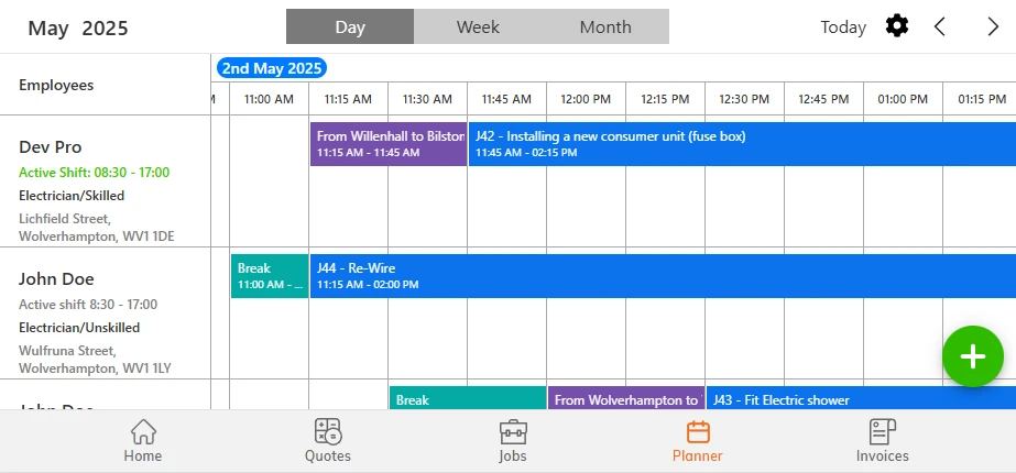 The jobmate planner in the app on a tablet, in the day view: two employees' shifts and skills, their jobs, travel and breaks on the timeline, and the Home, Quotes, Jobs, Planner and Invoices tabs.